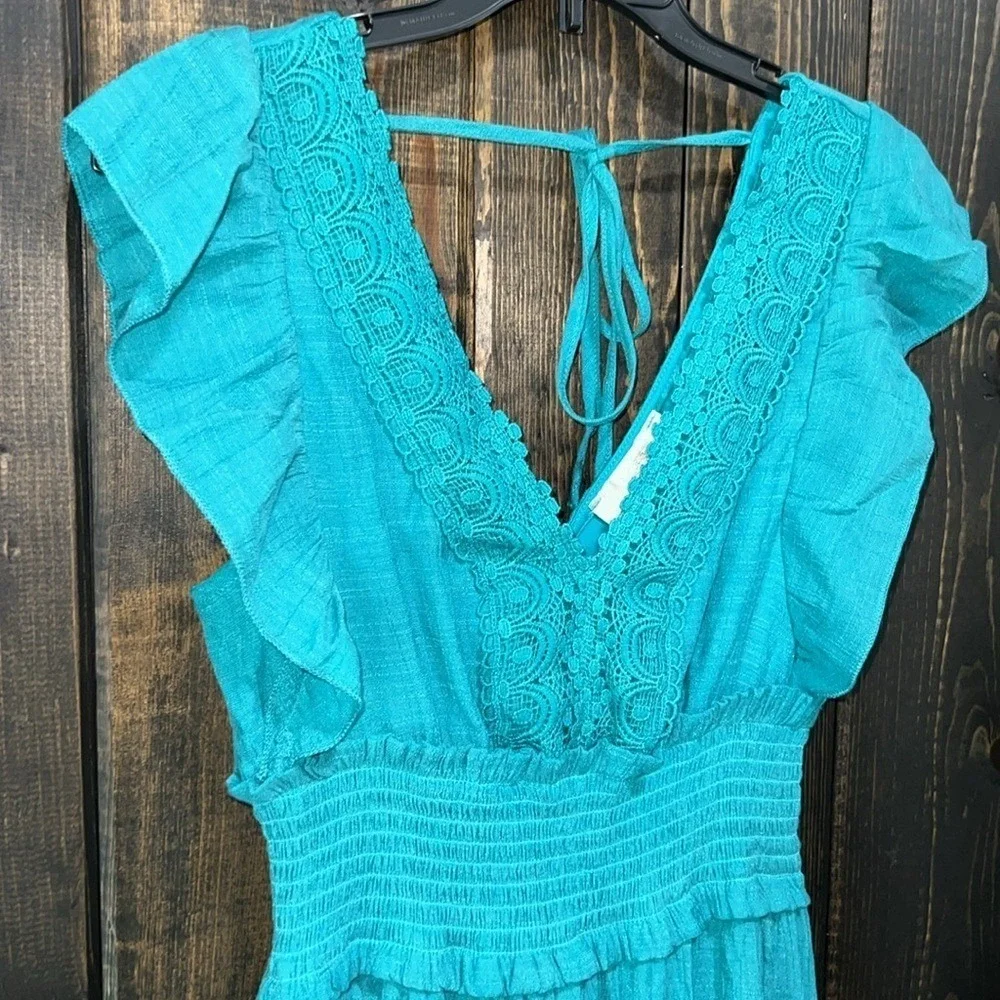 J Gee Maxi Dress S Teal Green‎ Blue Tiered Ruffle Boho Smocked Flutter Lace Trim - Picture 5 of 14